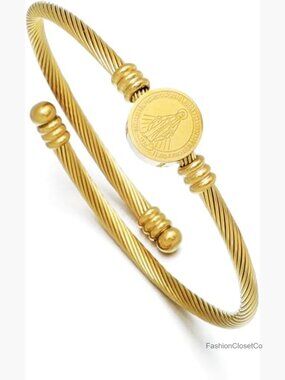 Stainless Steel 18K Gold Plated Saint Benedict Bangle Bracelet Religious